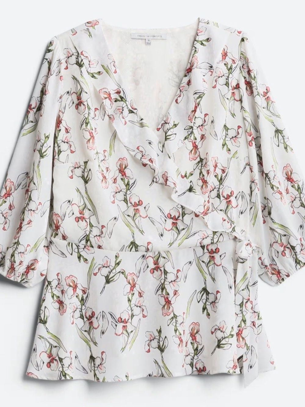 Floral Ruffle Wrap Blouse in White with Pink & Green Print Stitch Fix